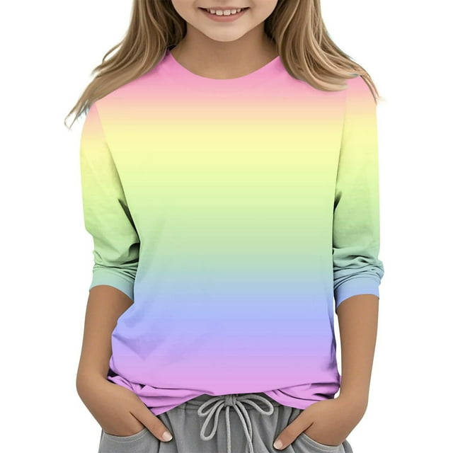Dealovy Chemises pour Filles Manches 3/4 Couleur Dégradée Printemps Été Ample Décontracté Mignon Col Rond Tuniques