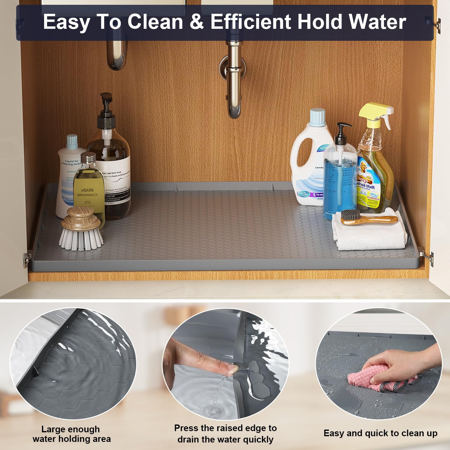 Aertyole 2 Pack Under The Sink Mat, 28" x 22" Waterproof Kitchen Cabinet Mat, Flexible Silicone Under Sink Liner, Kitchen Bathroom Cabinet Mat and Protector for Drips Leaks Spills (Gray)