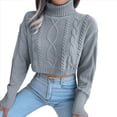 thumbnail image 2 of Suéter Corto de Cuello Alto para Mujer, Suéter de Punto, Jersey de Larga con Cuello Redondo, Tops. Gris L, 2 of 10