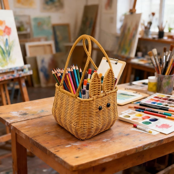 Wicker Rattan Easter Basket - Bunny for Easter, Weddings and Picnics Home Decorations Woven Basket Craft Storage Basket Candy Holder,Yellow,Double handles, Small