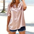 thumbnail image 2 of HomeDM Womens Short Sleeve T Shirts, Solid Color Silk Satin Button Down V Neck Summer Shirts - Pink/L, 2 of 5