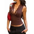 thumbnail image 2 of Women Lace Crop Tops Deep V Neck Sleeveless Slim Fit Camisole Brown M, 2 of 8