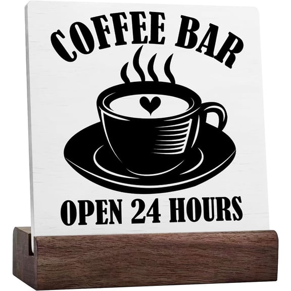 Ceramic Sign 4x4 Inch Coffee Decor Plaque Sign with Wood Stand Coffee Bar Desk Decoration Cafe Coffee Station Kitchen Home Table Decor Coffee Lover Coffee Bar Open 24 Hours Gift For Women Men