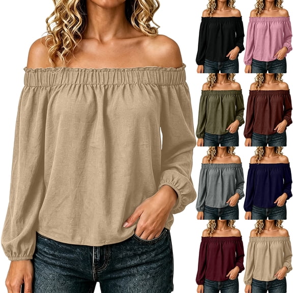 Tqcoqu Women's Off Shoulder Long Sleeve Cotton Linen Blouse, Elastic Ruffle Neckline Puff Sleeve Casual Solid Top