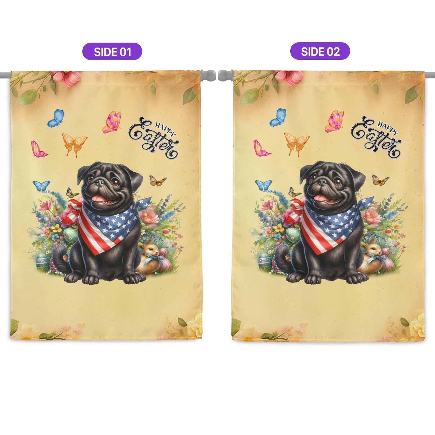 Pug Celebrates Spring and Enjoys a Happy Easter House Flag 28x40in Double Sided Dog Lover Gifts Outdoor Decor - 02001