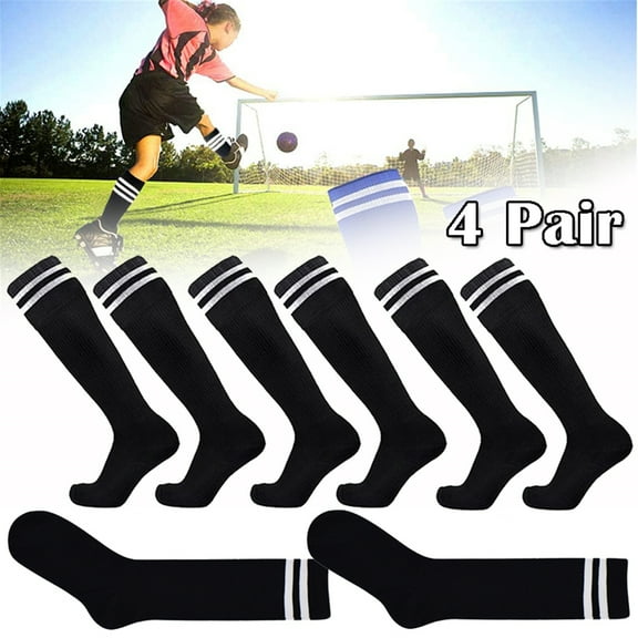 Soccer Socks Kids Youth Black 4 Pairs, Elbourn Solid Striped Knee High Tube Football Athletic Socks for Boys Girls Teen