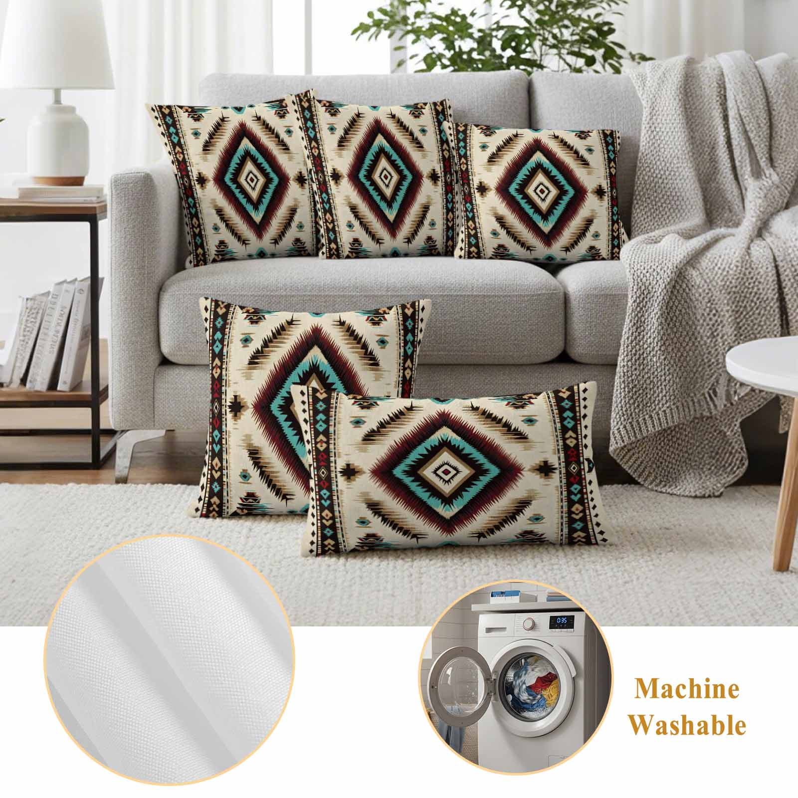 Boho Red Teal Brown Outdoor Pillow Covers, Waterproof Decorative Throw Pillowcases Set of 2, Southwestern Abstract Geometric Couch Cushion Cases with Zipper for Outside Patio Garden Sofa 18"x18"
