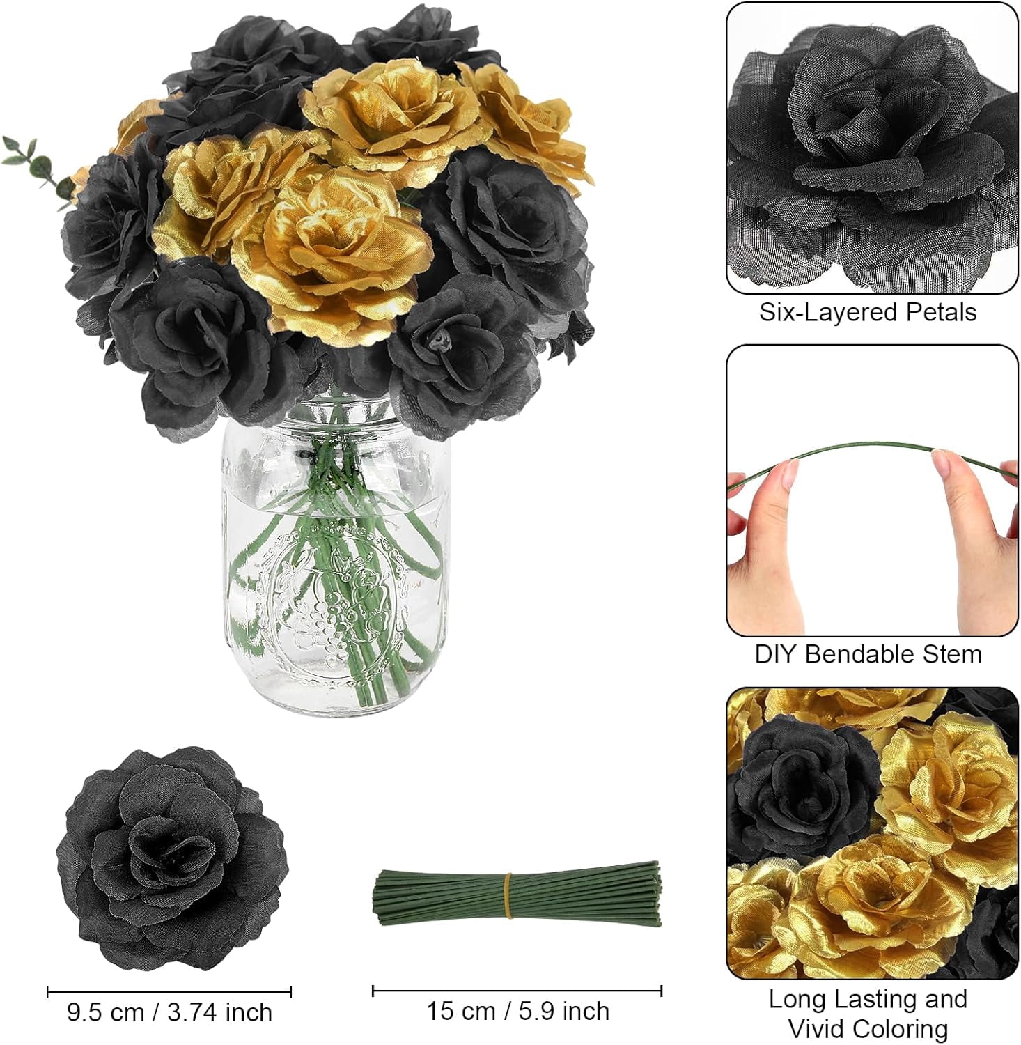 108pcs Roses Head Flowers with Stem - Black & Gold Graduation Artificial Flowers Rose Bulk - Silk Rose Fake Flower for Wedding Bouquet Decor DIY Baby Shower Centerpieces Grad Party Tables Decoration