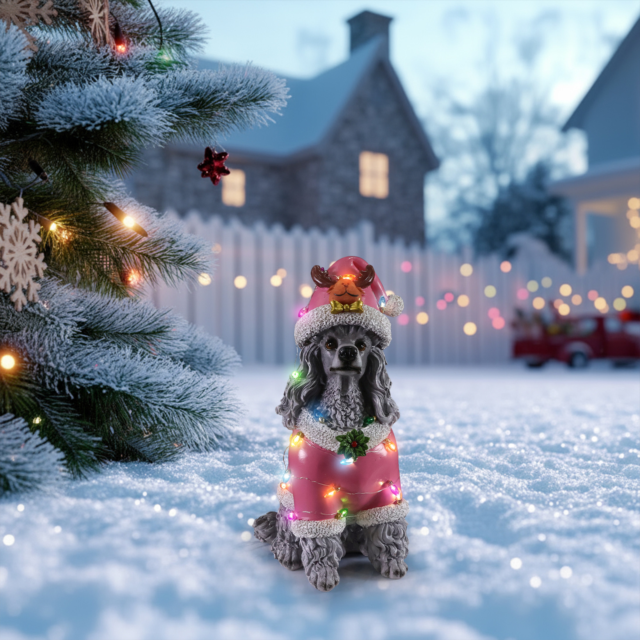 Noble House Christmas Poodle Statue, Cheerful Holiday Dog Figurine in Santa Outfit, Gray Fur & Pink Shirt
