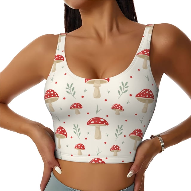 Fotbe Mushroom Sujetador Deportivo Largo sin Aros para Mujer con Almohadillas y Soporte Medio, Transpirable y Absorbente, Camiseta Tipo Chaleco o Tank Top-Large