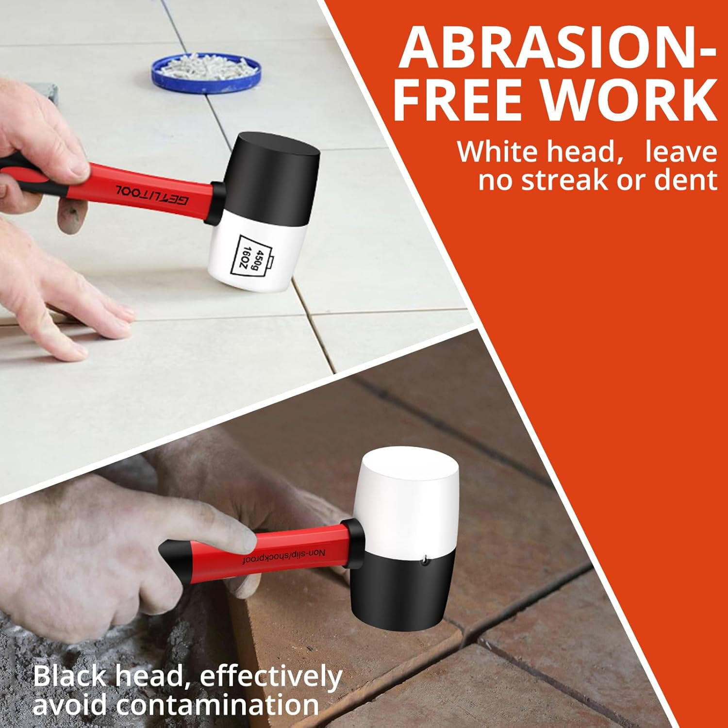 GETLITOOL Rubber Mallet Black/White 16oz, Non-Marking Rubber Mallet Hammer ⌀=55mm with Two Sides, Rubber Hammer with Non-Slip Fiberglass Handle for Camping, Flooring/Tiles Install, Woodworking