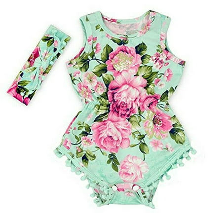 

Baby Girls Floral Tassel Romper Jumpsuit Bodysuit Sunsuit One-Piece+ Bowknot Headband Sets