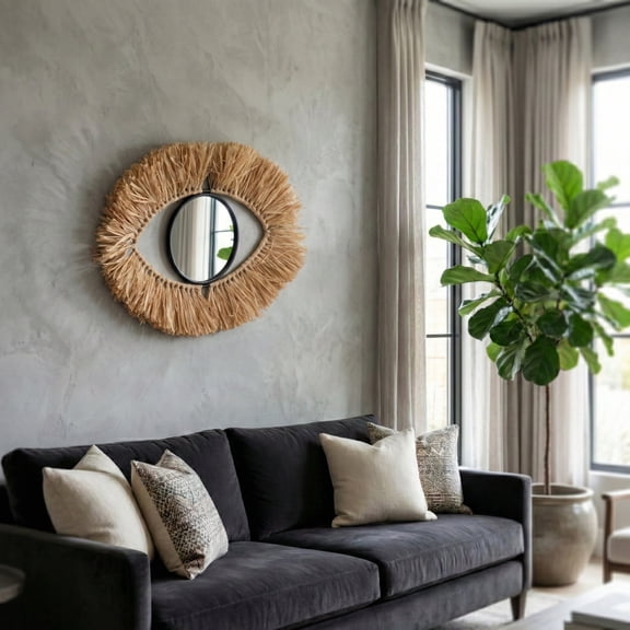 Metal and Natural Fiber Eye-Shaped Room Decor Mirror for Boho Home Decor - Wall Art Bedroom Accent for Living Room and Bathroom Art - Wall Hanging Designed for Hanging Decor - 17", Brown