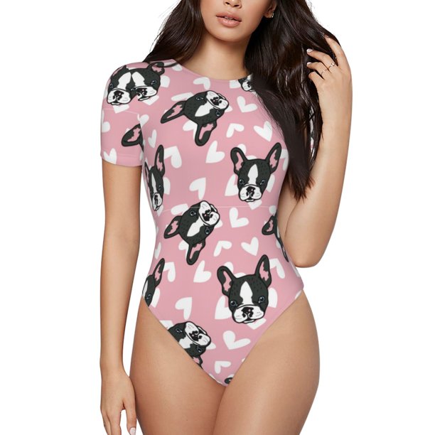 Fotbe French Bulldog Body de Mujer con Cuello Redondo y Mangas Cortas, Sin Mangas Ajustado, Suave, Cómodo y Básico-Large