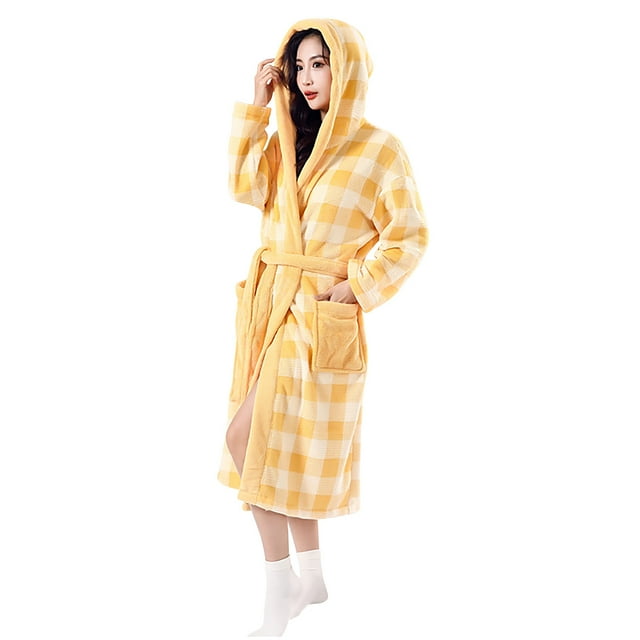 HAiming Robe for Women Long Hooded Bathrobe Warm Cloth Thickened Fleece Plaid Loungewear Spa Bath Robe with Pockets