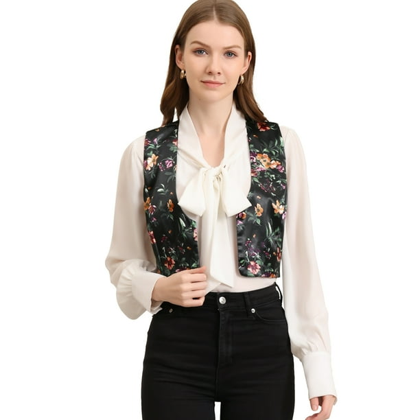INSPIRE CHIC Traje De Navidad Para Mujer Chaleco De Satén Con Cierre De Botón Y Estampado Floral Negro L