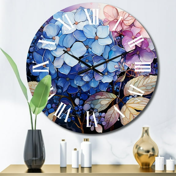 Designart "Blue Pink Hydrangea Hydrangea" Floral Oversized Wall Clock