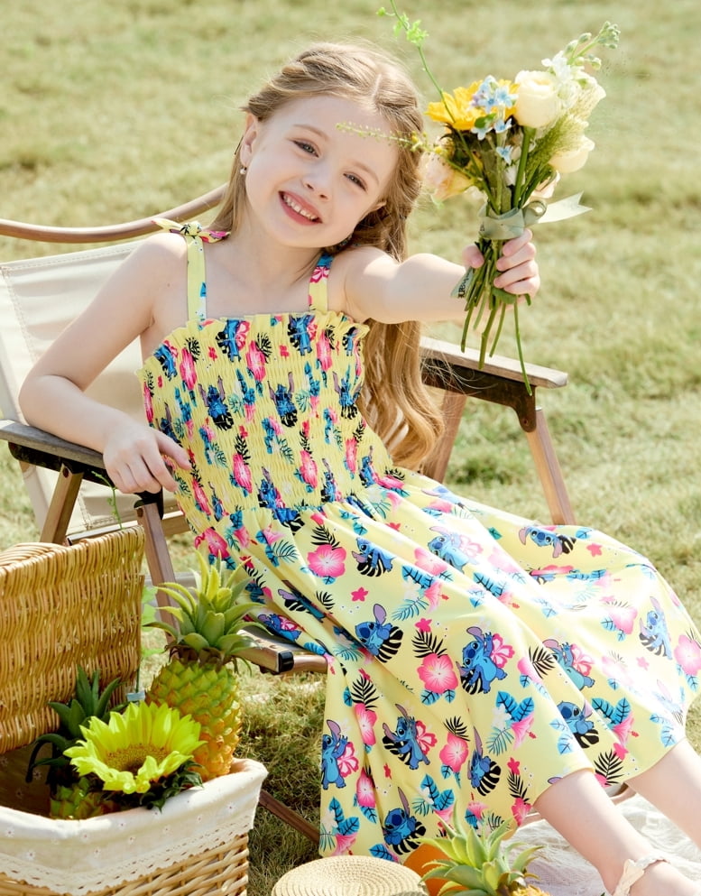 Disney Girls Dresses Stitch Hawaiian Flower Floral Sundress Spaghetti Strap Birthday Summer Dress Toddlers Kids 3-4T