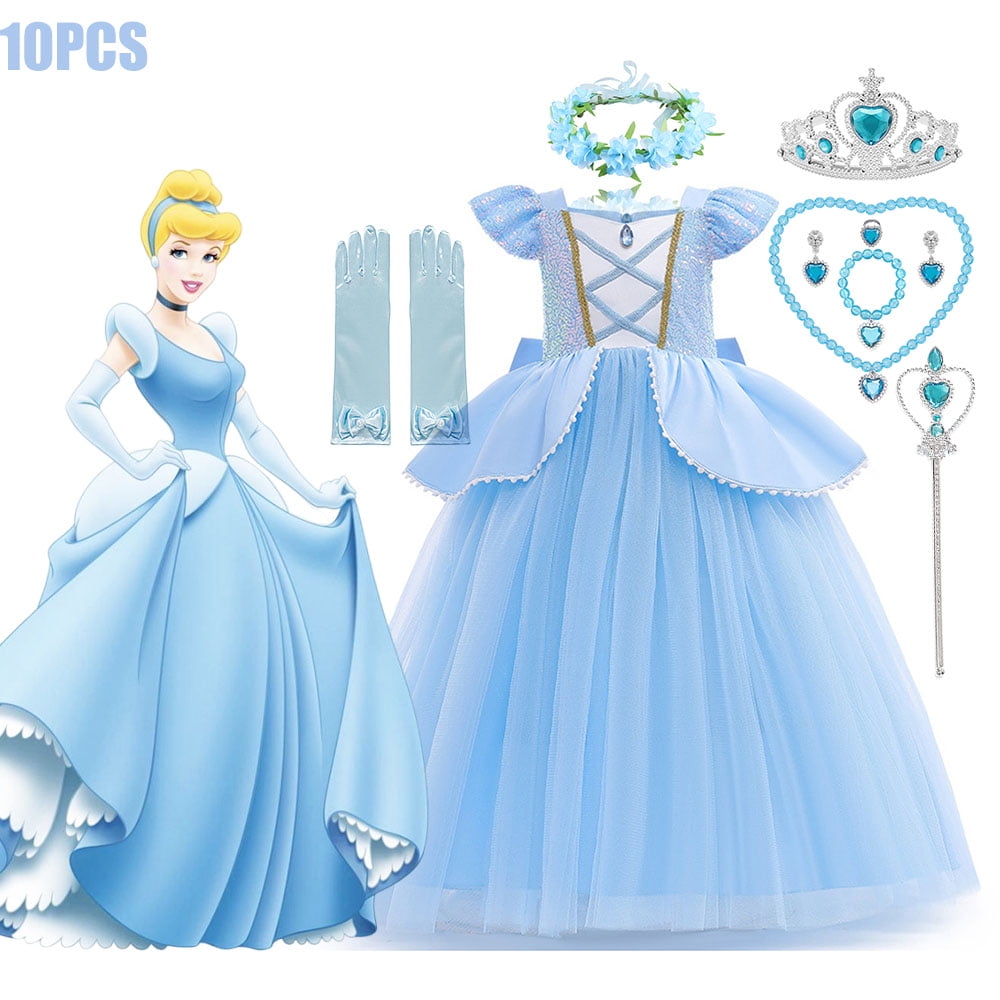 Vestidos de princesa para niñas, vestido de princesa para niñas, vestidos de cumpleaños, disfraces de fiesta con corona, varita mágica, aretes, anillo, collar, bolso, accesorios de zapatos de 4 a 7