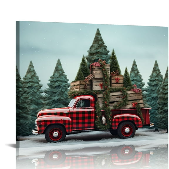 COMIO Christmas Wall Art Christmas Tree Red Truck Decorations Canvas Poster Merry Christmas Pictures Snow Cardinal Bird Prints Decor Retro Xmas Snowflake Painting for Living Room 16x20 in