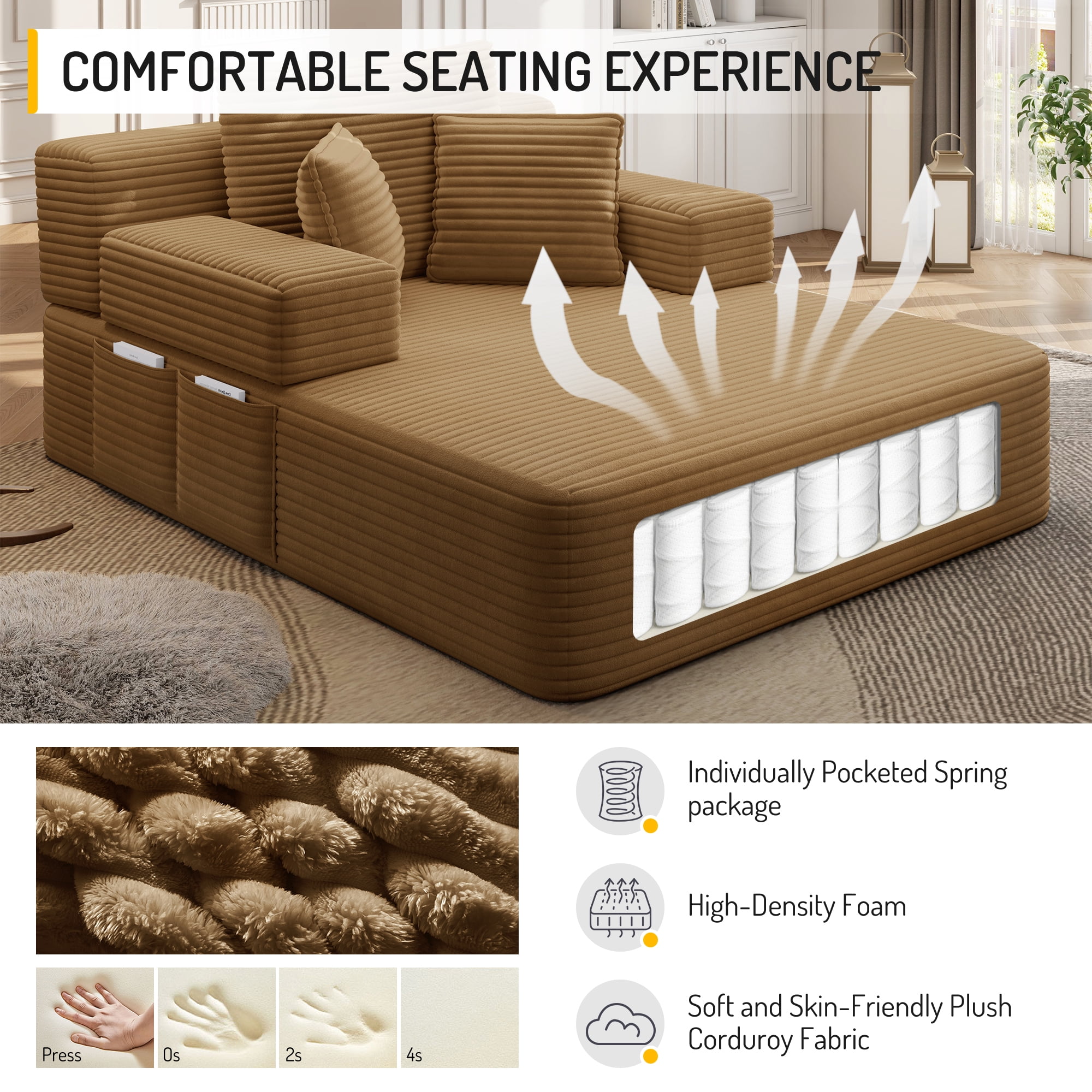 Anpport 60.2" Plush Corduroy Chaise Lounge, Frameless Convertible Sleeper Sofa Bed with Storage Pockets, 3 Soft Pillows, No Assembly, Camel