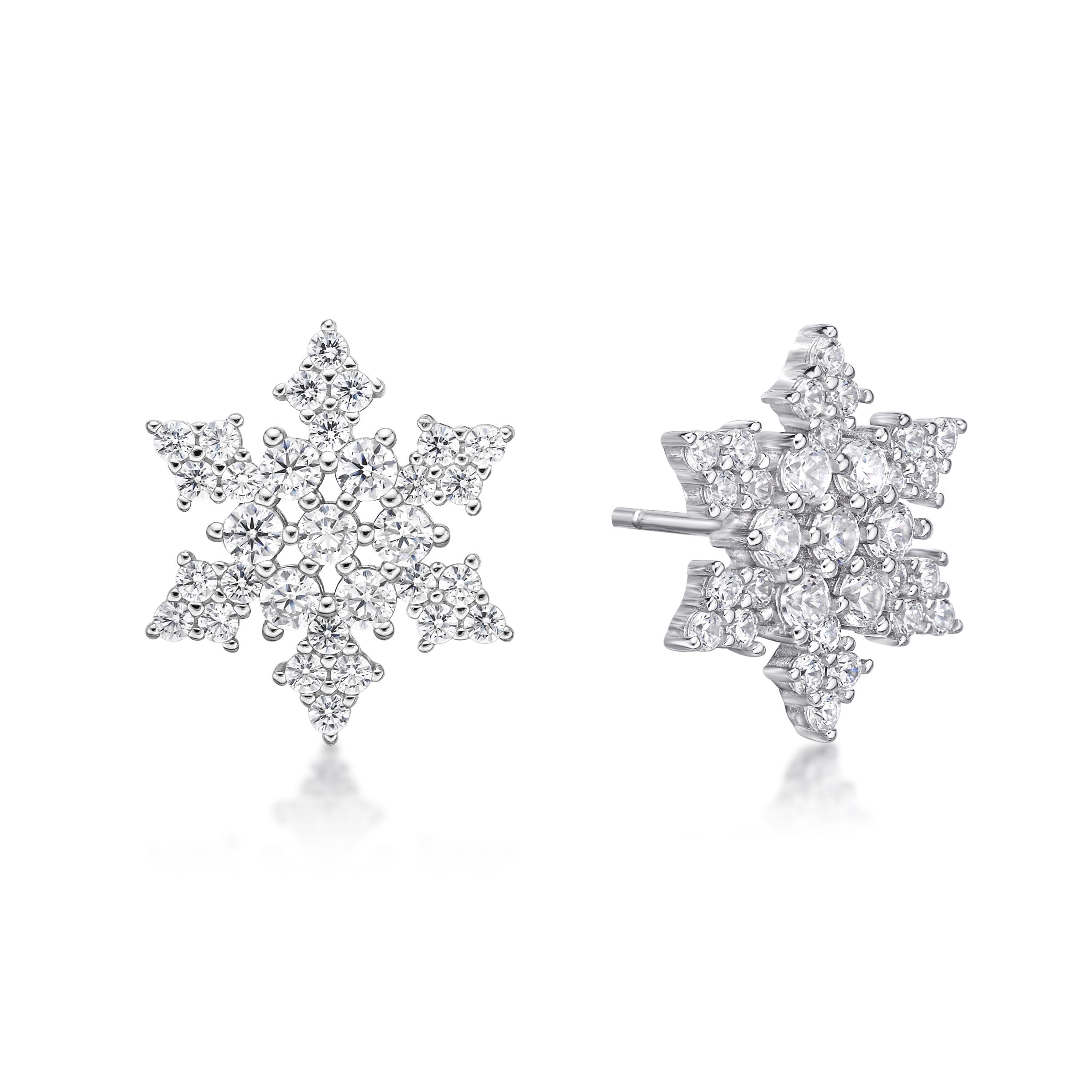 925 Sterling Silver Cubic Zirconia Snowflake Stud Earrings Post with Friction Back 13 mm