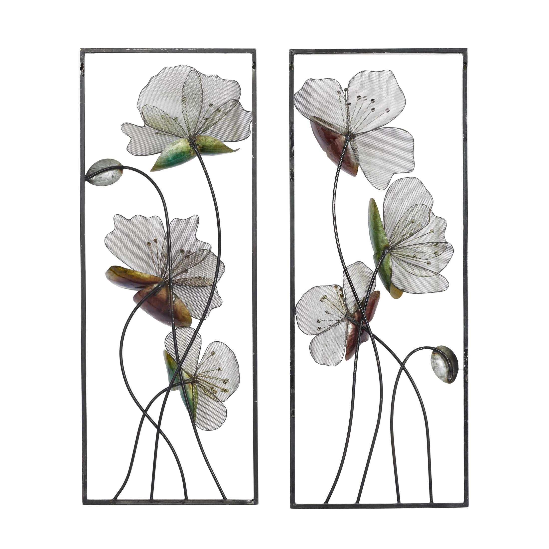 DecMode Black Metal Floral Wall Decor with Green and Orange Accents (2 Count)