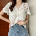 thumbnail image 6 of Women Summer French Style Short Sleeve Lace Shrug Hollow Out Crochet Knit Bolero Cardigan V-Neck Button Down Sheer Crop Top Jacket Beachwear, 6 of 9