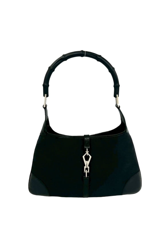 Pre-Owned GUCCI Bamboo Jackie Handbag, Canvas and Leather, Genuine Semi-Shoulder Bag, Black,...
