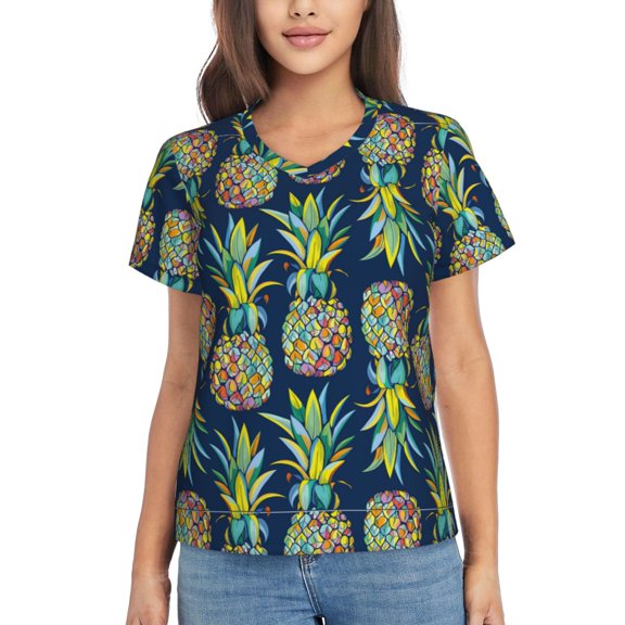 Vsdgher Colorful Pineapples Women Shirts V Neck Short Sleeve Tops T-Shirt Basic Tees, S to 3XLSmall