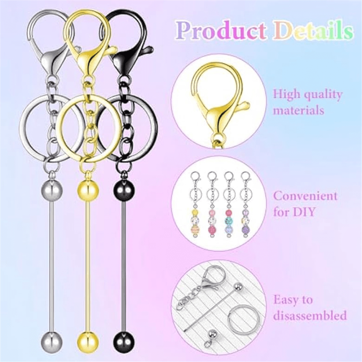 63 Pcs Beadable Keychain Bars Resealable Set Making Supplies Kit for DIY Pendant Craft Jewelry