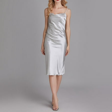 Linfrsh Women s Nightgown V-Neck Chemise Sleepwear Lace Satin Nightwear Soft Lingerie for Women Grey M