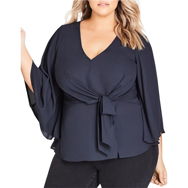 City Chic Blusa con lazo en el frente para mujer, negro, S/16