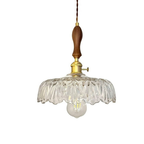 Walnut Wood Clear Glass Pendant Light Fixture, Japanese Style Transparent Glass Chandelier, Vintage Hanging Lamp, Pendant Lighting for Kitchen Sink Island Dining Table Bar Counter Entrance