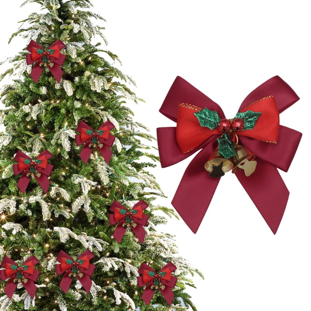 Decoración de lazo navideño - Colgante de moño navideño de poliéster para árbol y regalos - 8x7cm - blanco, tinto, vino, café, verde