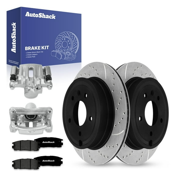 AutoShack Rear Drilled & Slotted Brake Rotors Premium Ceramic Brake Pads Calipers | Replacement for Saturn Vue Chevrolet Captiva Sport 2007-2009 Equinox | E-Coated | 8-PC Brake Kit | ShadowGuard