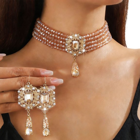 YIEMEEN Teardrop Shaped Beaded Statement Necklace And Earrings Set