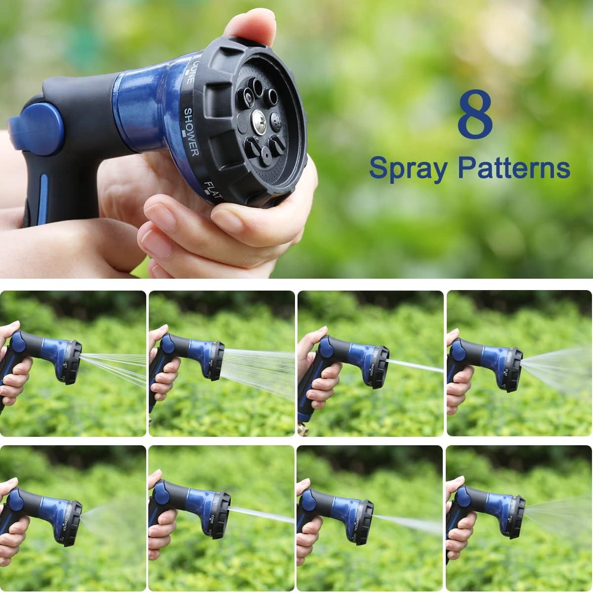 FANHAO Garden Hose Nozzle with Thumb Control, 100% Heavy Duty Metal Watering Nozzle 8 Spray Patterns
