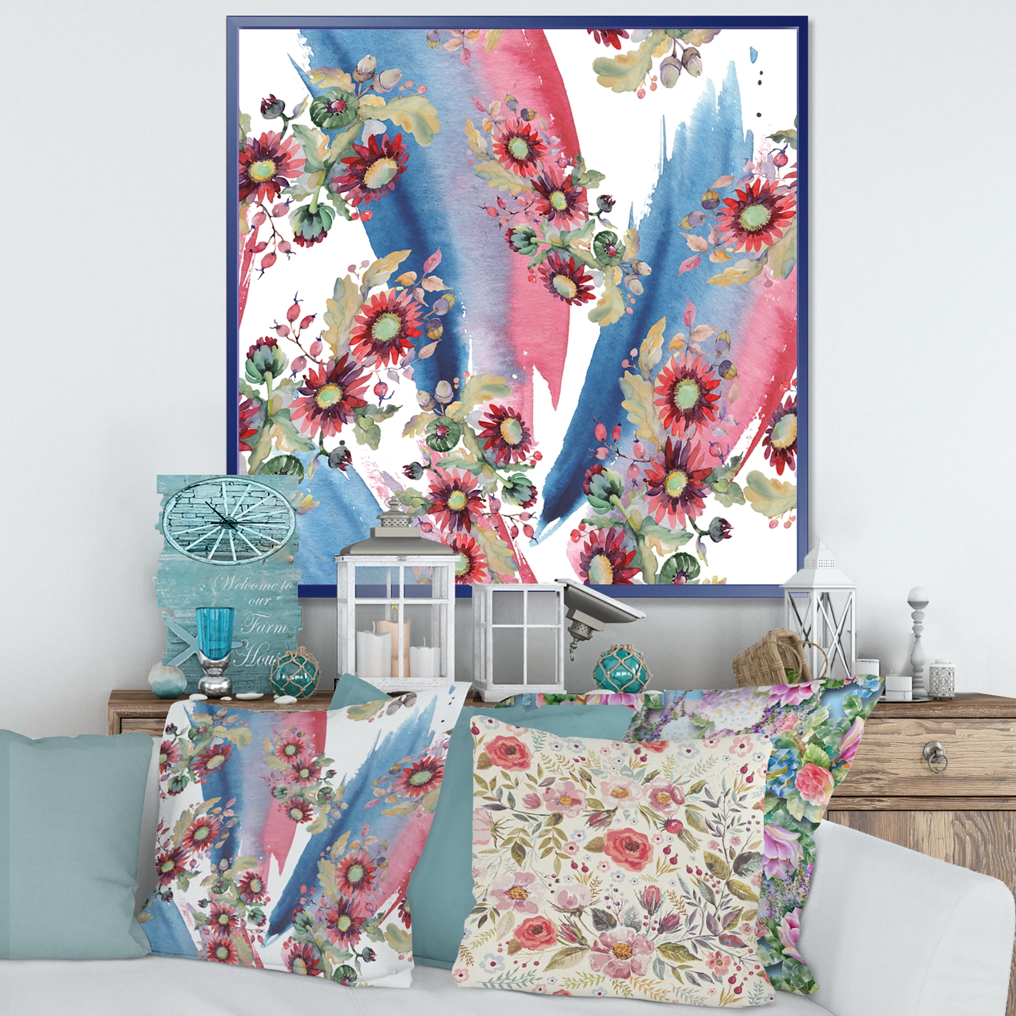 Designart 'Acorn Bouquet and Red Aster' Modern Framed Canvas Wall Art Print