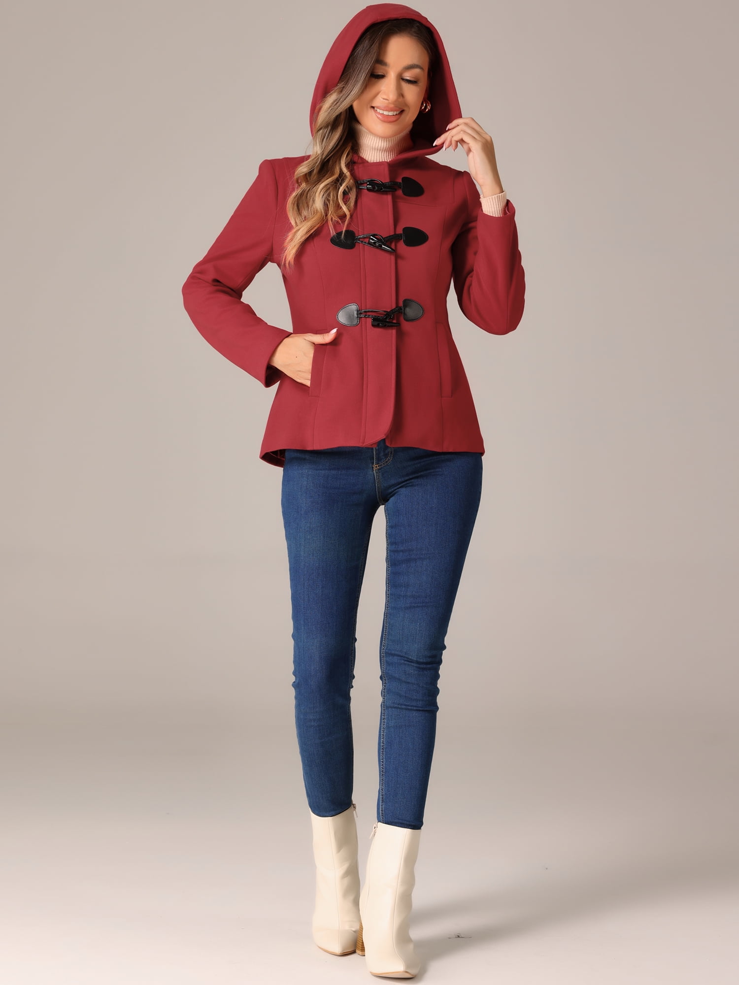 DARING DIVA Women's Winter Outwear Hooded Zip Up Button Toggle Pea Coat Red M