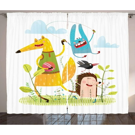 Kids Curtains 2 Panels Set, Fox Hedgehog Crow and Dog Skipping Rope in the Garden Best Friends Children Cartoon, Window Drapes for Living Room Bedroom, 108W X 96L Inches, Multicolor, by