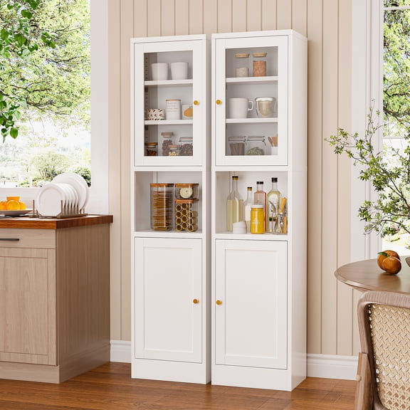 Slim Storage Cabinet with Glass Door, Metal Tall Bathroom Narrow Storage Cabinet 3 Adjustable Shelves  Small Spaces