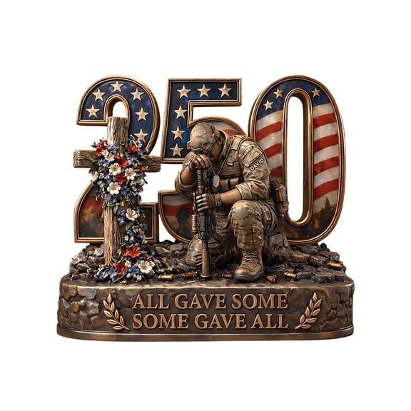 qolami 250th Anniversary Military Soldier Figurine, Kneeling at Grave, 7.9in Acrylic Ornaments with Flag/Floral, Patriotic Memorial Statue