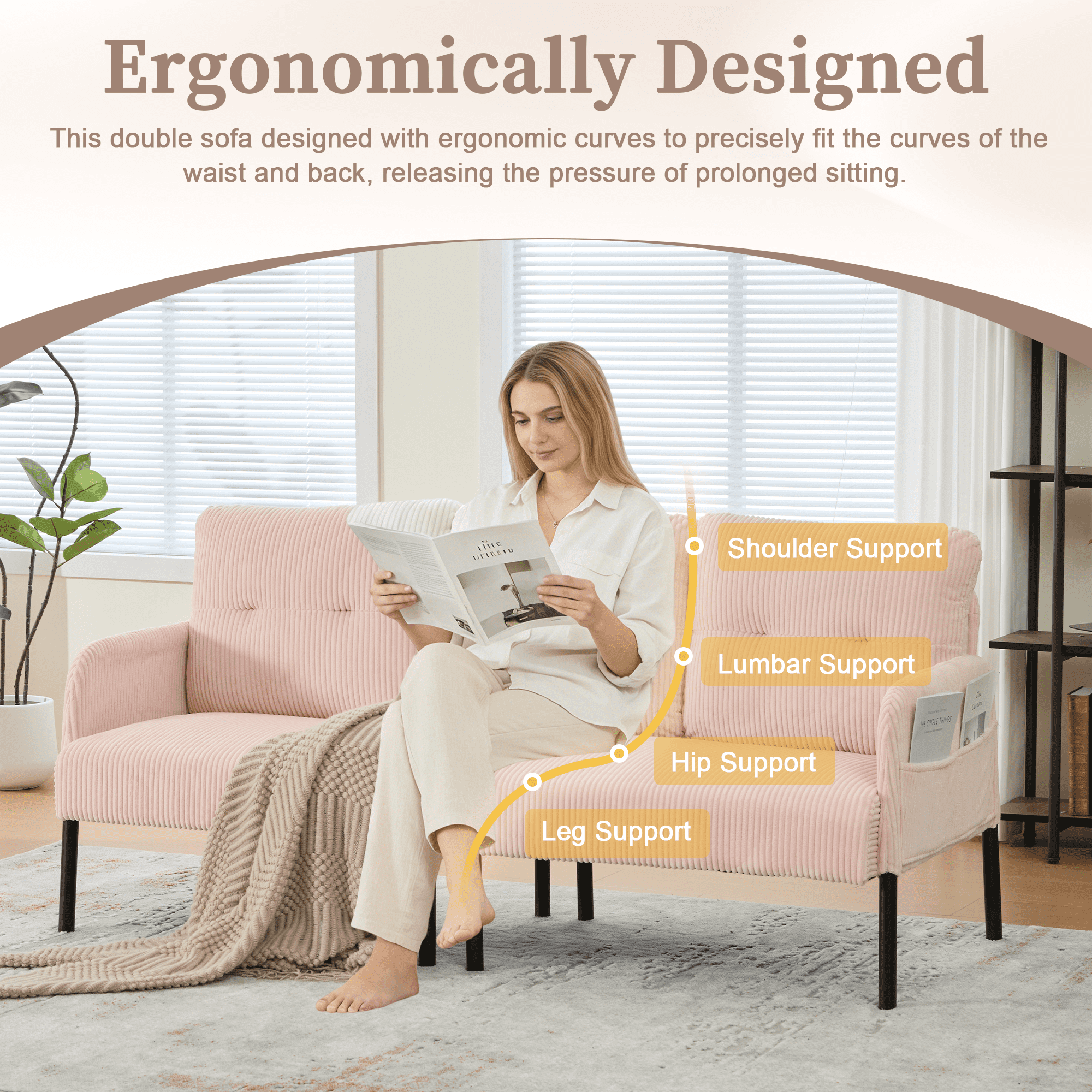 Loveseat, Small Sofa, Couch, Oversized Corduroy 2-Seater Sofa with Side Storage Pockets and Sturdy Metal Legs for Apartment, Dorm or Living Room, Pink