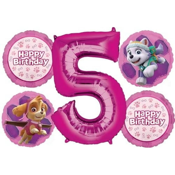 Skye and Everest 5th Birthday Party Supplies Girl Paw Pups on Patrol Balloon Bouquet Decorations 5ct