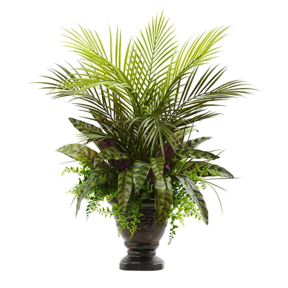 Nearly Natural 27" Plastic/Polyester Mixed Areca Palm, Fern & Peacock Artificial Plant with Planter, Green