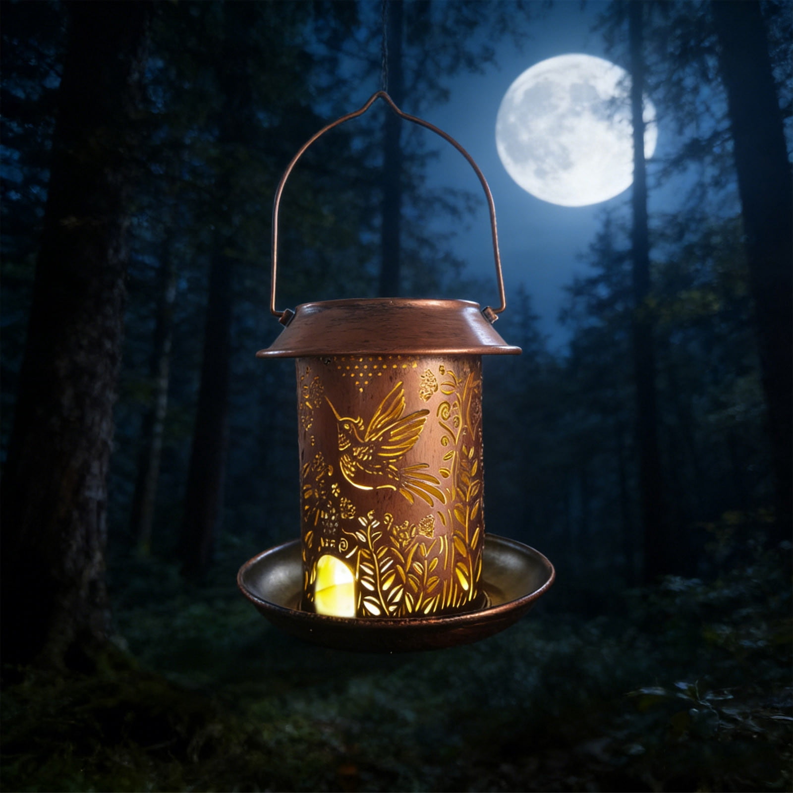 Rijanmt Metal Hanging Bird Feeder with Solar Lamp,Outdoor Waterproof Birdfeeder Tray,Warm Color Solar Light,Hollowed Vintage Chinese Flowers Birds Cover,for Home Garden Porch Wall Tree Decoration