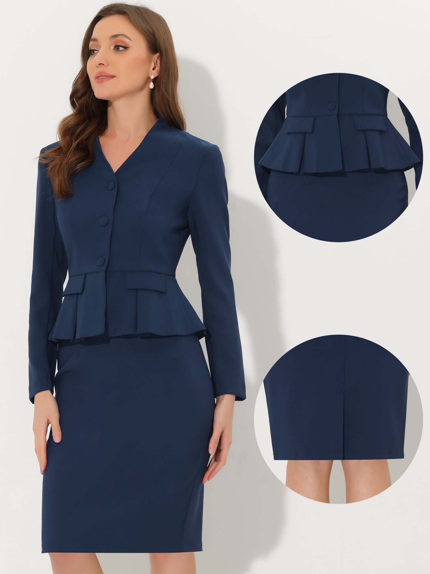 DARING DIVA Women's Collarless Peplum Blazer Sheath Skirts 2 Pcs Suit Set XS Dark Blue