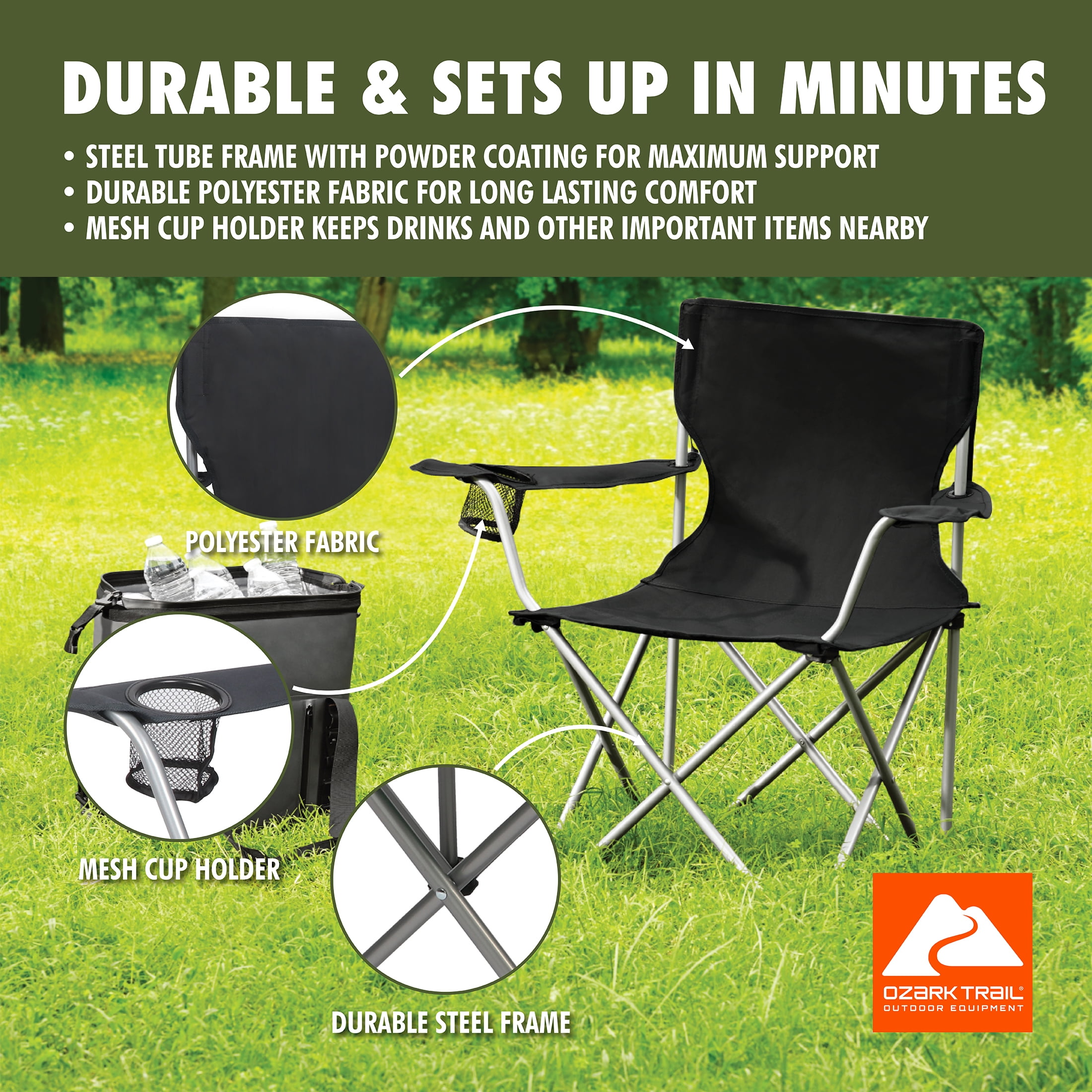 (6 pack) Ozark Trail Quad Folding Camp Chair with Cup Holder, Black
