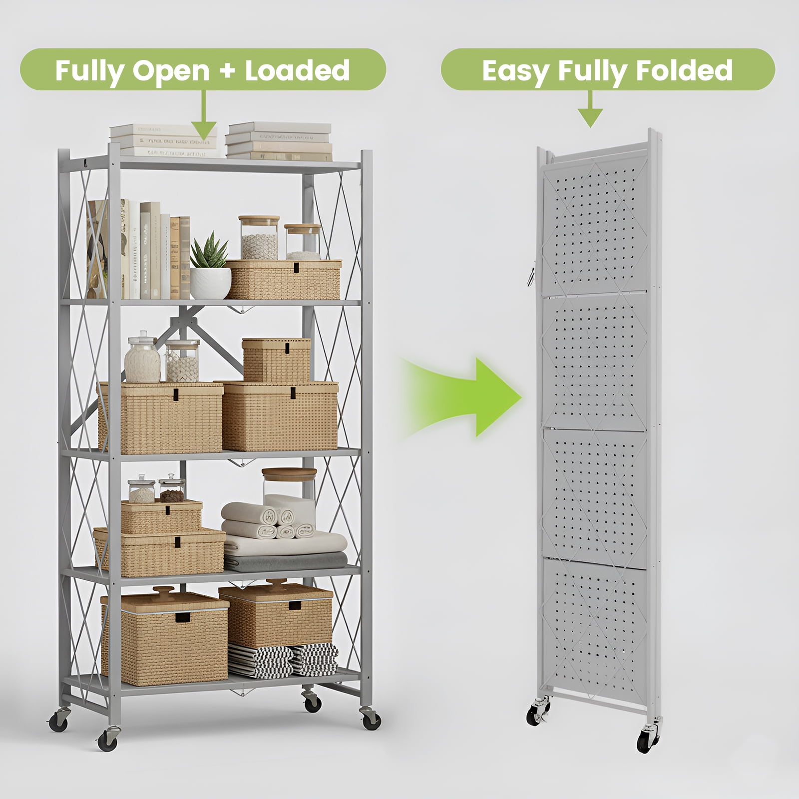Foldable Shelves with Wheels, 5-Shelf Folding Metal Rack Organizer for Kitchen Garage Basement, Large Capacity Rolling Storage Shelf, Easy Fold & Roll, Gray